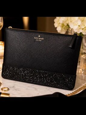 Kate Spade Black Textured PVC Glitter Clutch Bag Zip Evening